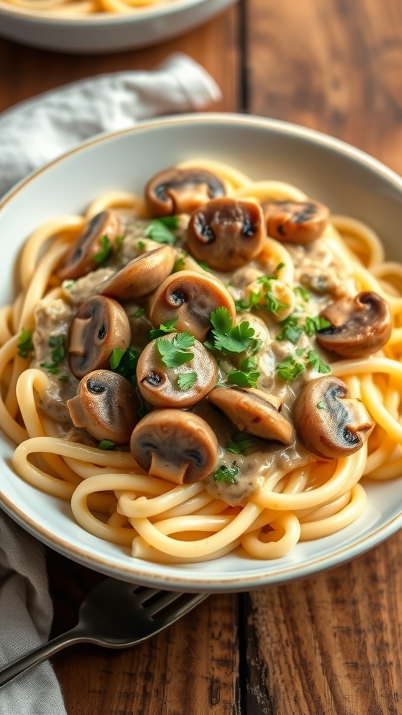 Creamy mushroom stroganoff with egg noodles, garnished with parsley, on a rustic wooden table.